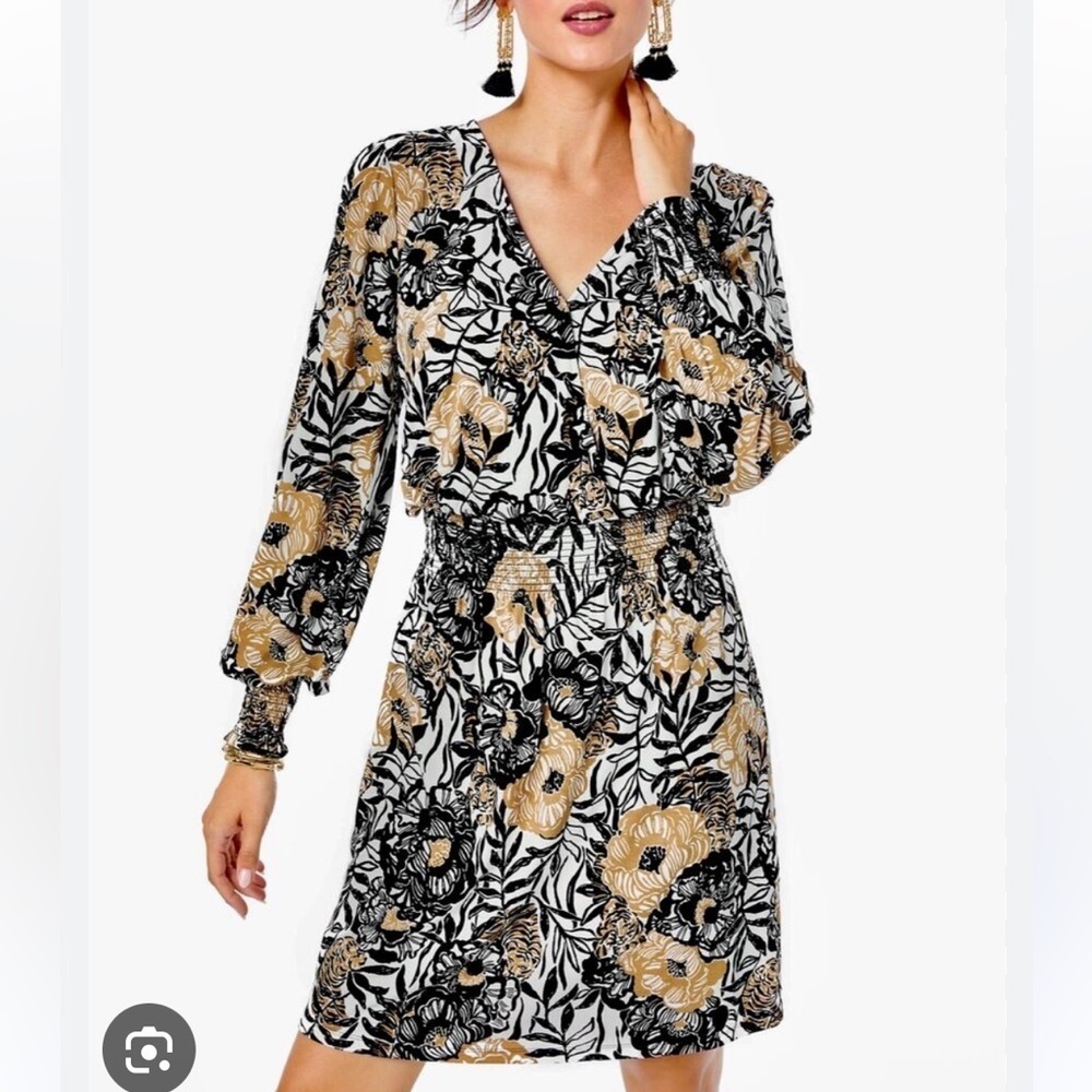 Lilly Pulitzer Black and Gold Floral Long Sleeve Dress